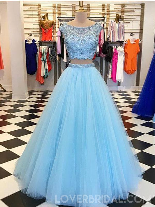 Sexy Two Pieces Cowl Heavily Beaded Blue Long Evening Prom Dresses, Cheap Sweet 16 Dresses, 18443