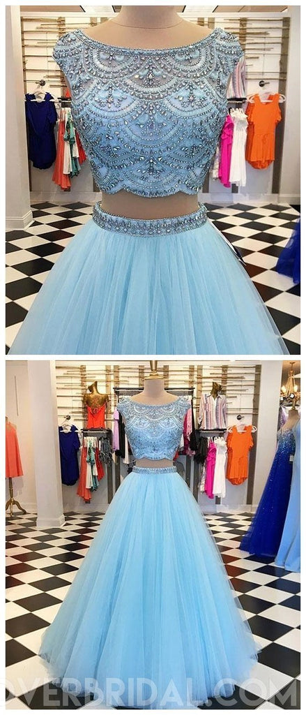 Sexy Two Pieces Cowl Heavily Beaded Blue Long Evening Prom Dresses, Cheap Sweet 16 Dresses, 18443