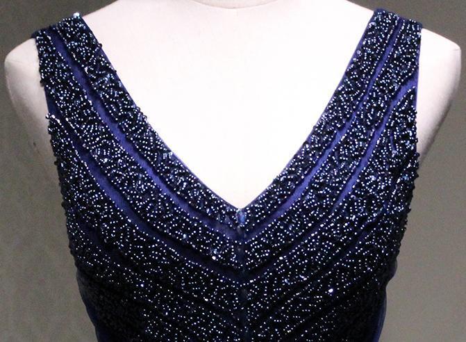 Sexy V Neck Navy Blue Beaded A-line Long Evening Prom Dresses, 17622