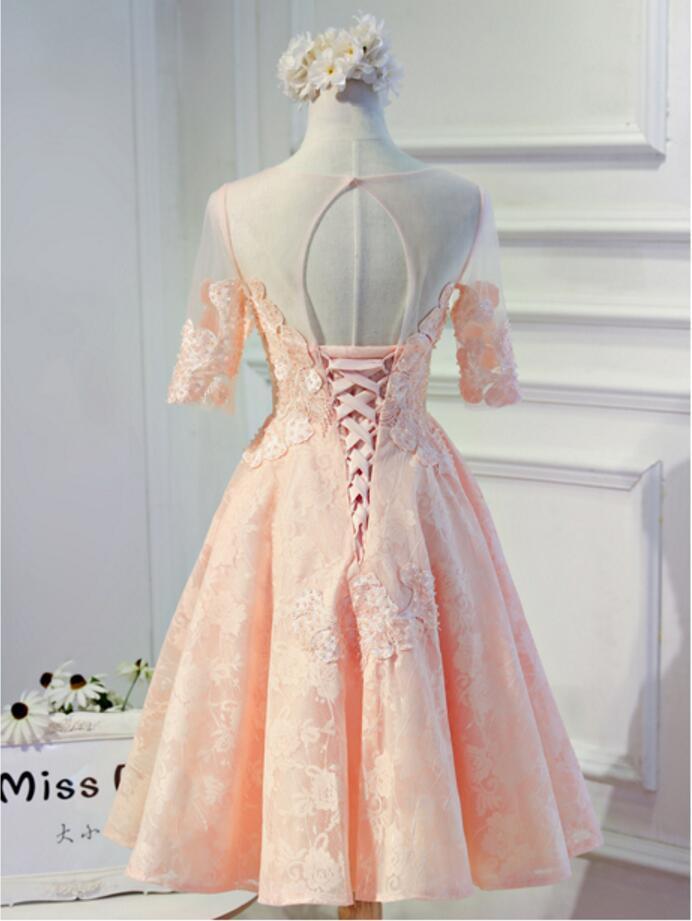 Short Sleeve Peach Lace Open Back Homecoming Prom Dresses, Affordable Short Party Prom Dresses, Perfect Homecoming Dresses, CM297