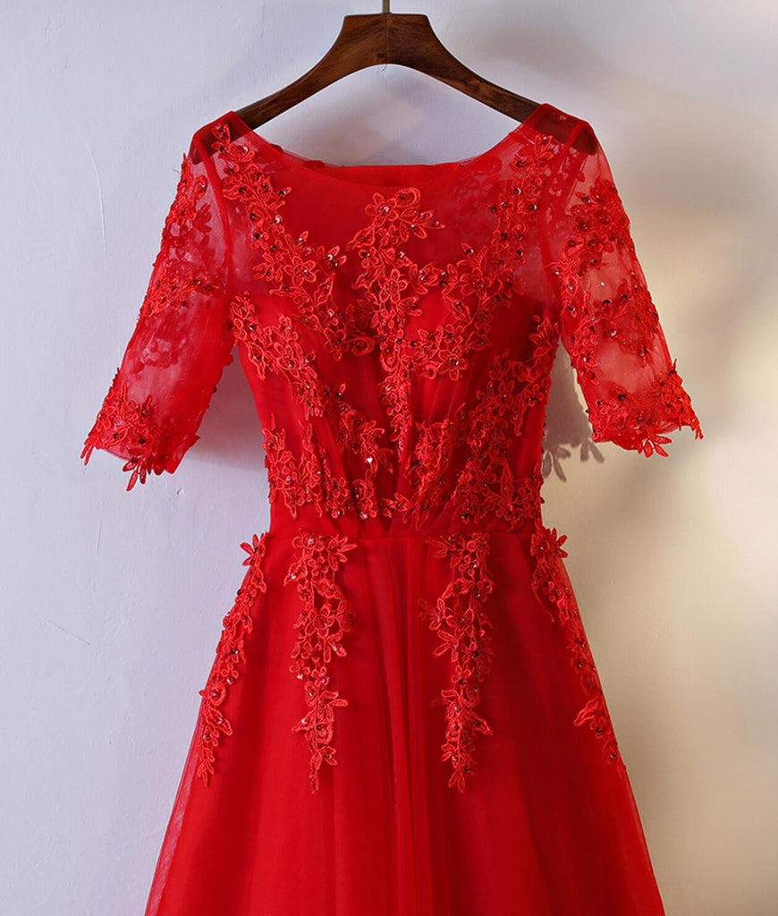Short Sleeve Red Lace Round Neckline Short Homecoming Prom Dresses, Affordable Corset Back Short Party Prom Dresses, Perfect Homecoming Dresses, CM248