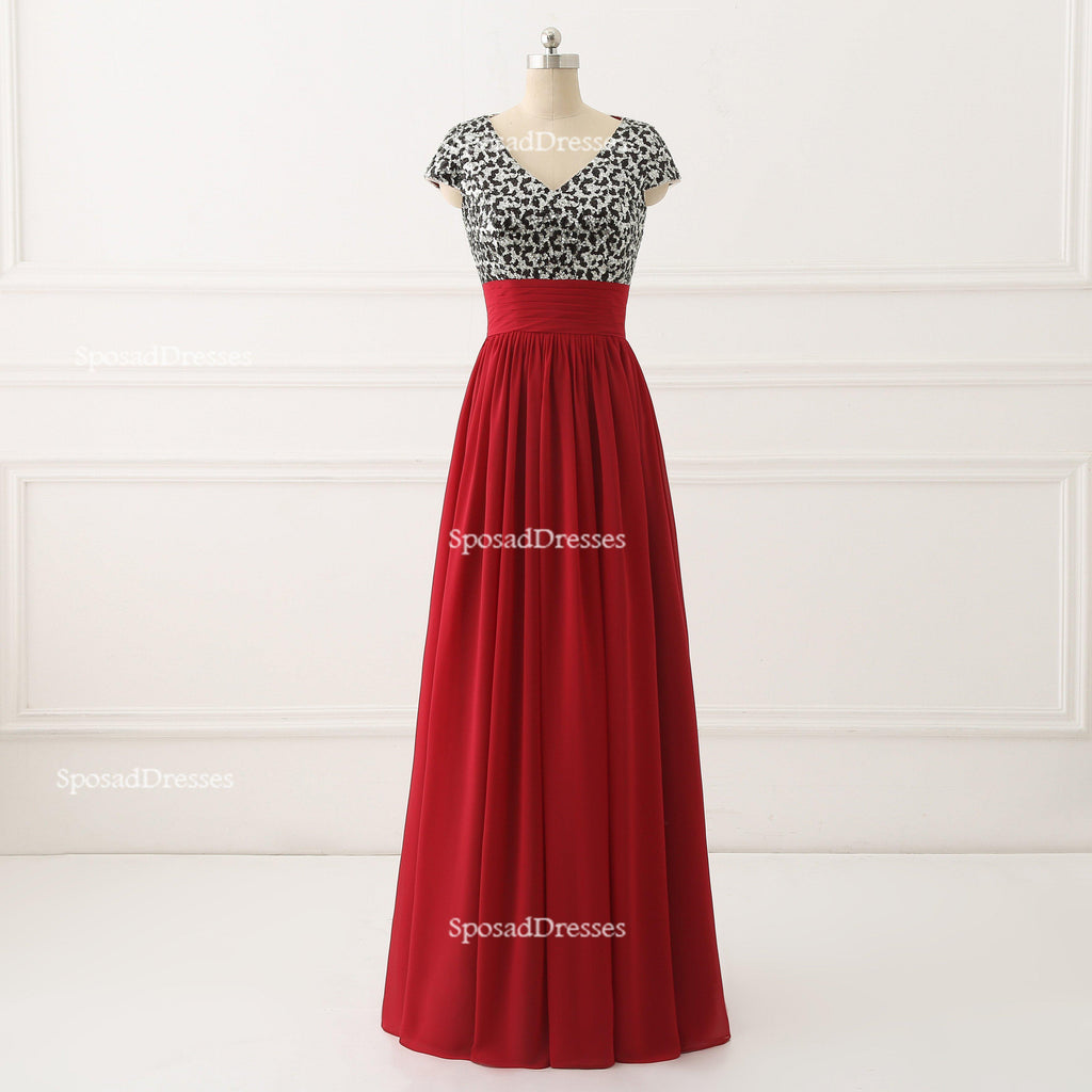 Short Sleeve Sequin Top Red Chiffon Skirt V Neckline Custom Bridesmaid Dresses, Cheap Unique Chiffon Long Bridesmaid Gown, BD120