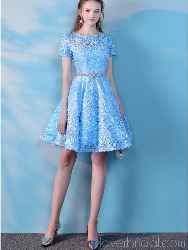 Short Sleeves Blue Lace Cheap Homecoming Dresses Online, Cheap Short Prom Dresses, CM777