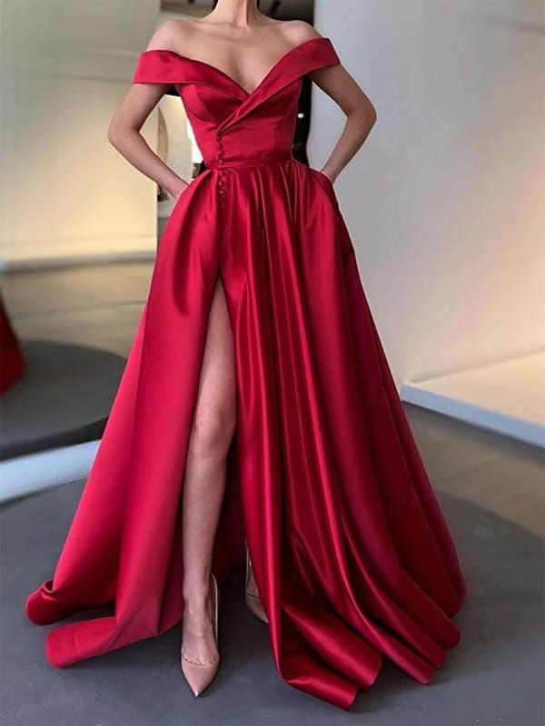 Simple Red A-line Off Shoulder High Slit V-neck Long Prom Dresses Online,12473