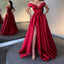 Simple Red A-line Off Shoulder High Slit V-neck Long Prom Dresses Online,12473