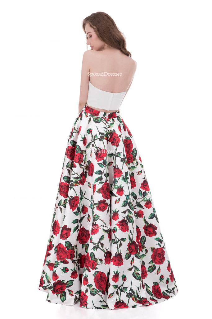 Simple Strapless Printed Flower Sexy Two Pieces  Long Evening Prom Dresses, Popular Cheap Long Party Prom Dresses, 17255