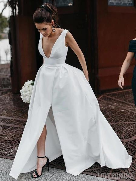Simple V-Neck A-line Side Slit Cheap Wedding Dresses Online, Cheap Unique Bridal Dresses, WD605