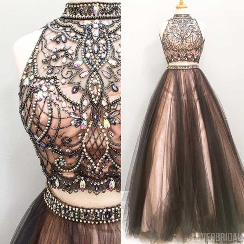 Sleeveless High Neck Long A line Prom Dresses , Two Pieces Prom Dress, Tulle Evening Prom Dress, Charming Prom Dress,Party Dresses, Evening Dresses,PD0048