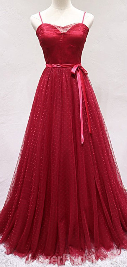 Spaghetti Straps Red Lace Long Evening Prom Dresses, Cheap Custom Party Prom Dresses, 18601