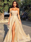 Sparkly A-line Gold One Shoulder High Slit Long Party Prom Dresses Online,12373