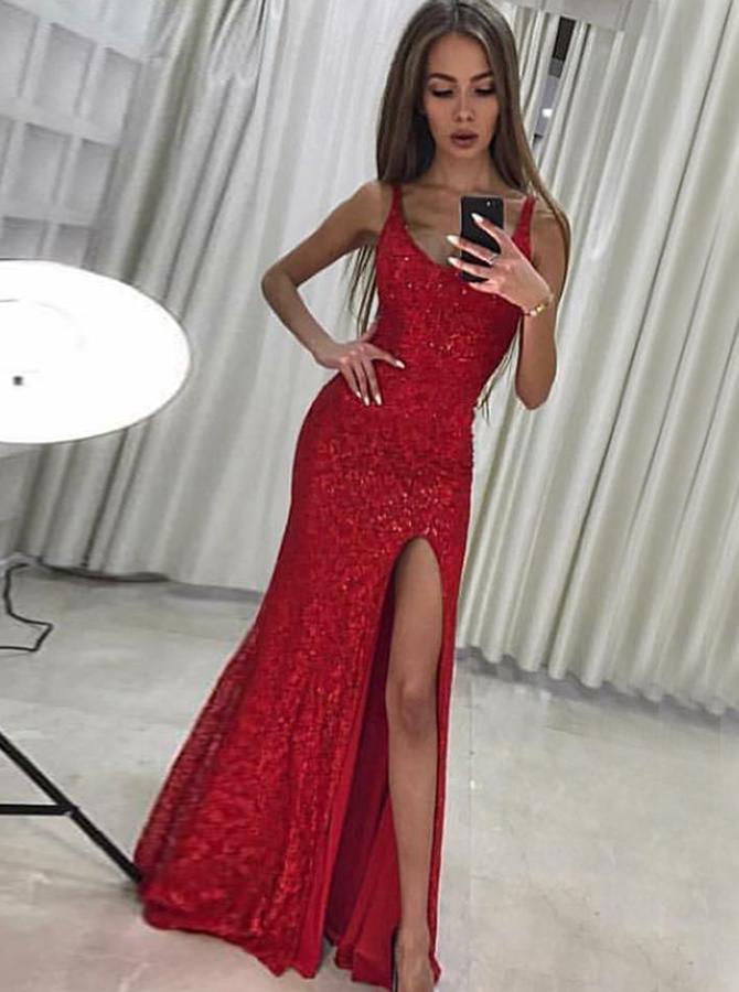 Sparkly Red Side Slit Lace Mermaid Long Evening Prom Dresses, Cheap Sweet 16 Dresses, 18340