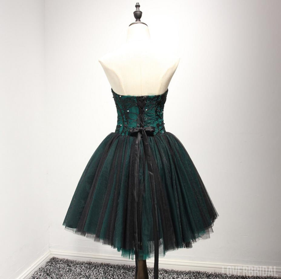 Strapless Dark Green Black Lace Tulle Homecoming Prom Dresses, Affordable Corset Back Short Party Prom Dresses, Perfect Homecoming Dresses, CM237