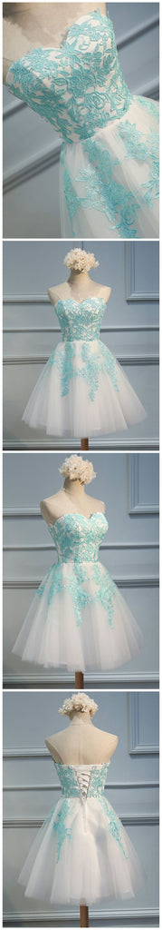 Strapless Sweetheart Tiffany Blue Lace Tulle Homecoming Prom Dresses, Affordable Short Party Prom Sweet 16 Dresses, Perfect Homecoming Cocktail Dresses, CM355