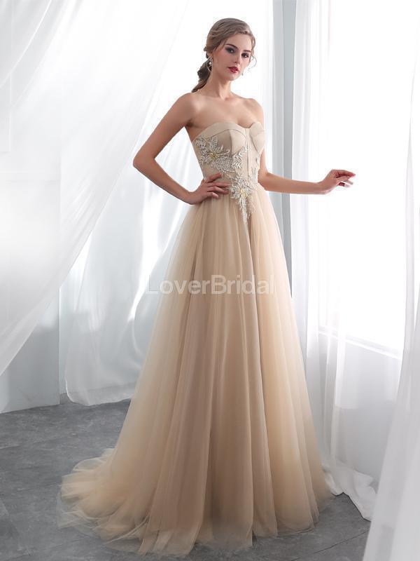 Sweetheart Champagne Applique Evening Prom Dresses, Evening Party Prom Dresses, 12026