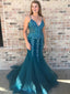 Turquoise See Through V Neck Mermaid Long Evening Prom Dresses, 17543