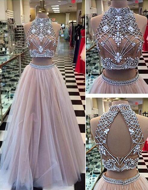 Two Pieces Halter Evening Prom Dresses, Sexy A line tulle Prom Dress, Backless Prom Dress, long Prom Dress, dresses for prom, 17010