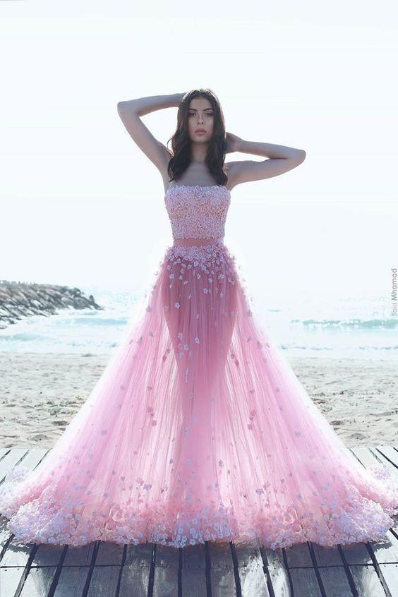 Two Pieces Pink Tulle Lace Long Evening Prom Dresses, Sexy See Through Party Prom Dress, Custom Long Prom Dresses, Cheap Formal Prom Dresses, 17045