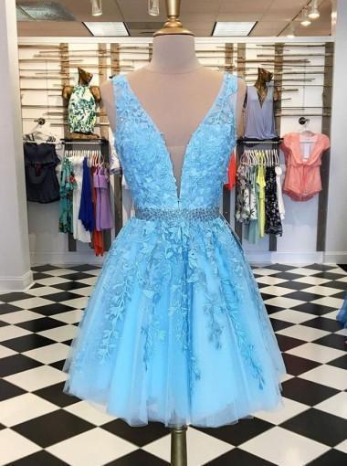 V Neck Blue Lace Cheap Short Homecoming Dresses Online, CM663