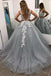 V Neck Grey Lace Ball Gown Long Evening Prom Dresses, Cheap Custom Party Prom Dresses, 18582