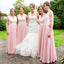 V Neck Lace Bodice Blush Pink Chiffon Cheap Long Bridesmaid Dresses Online, WG333
